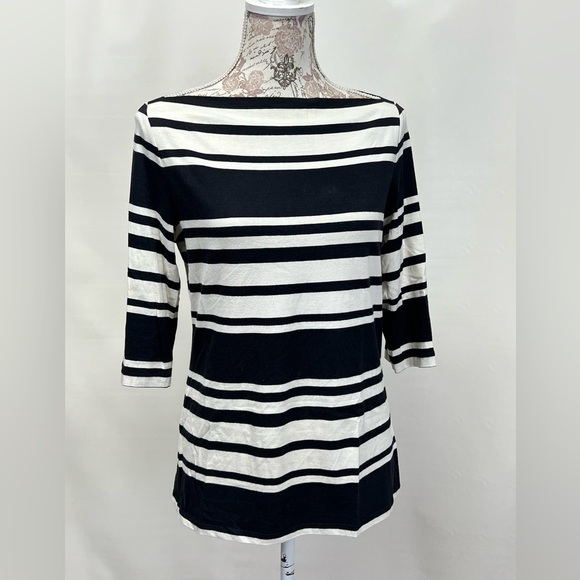 CYNTHIA ROWLEY Black and‎ Ivory striped boat neck top size L. - Picture 7 of 10
